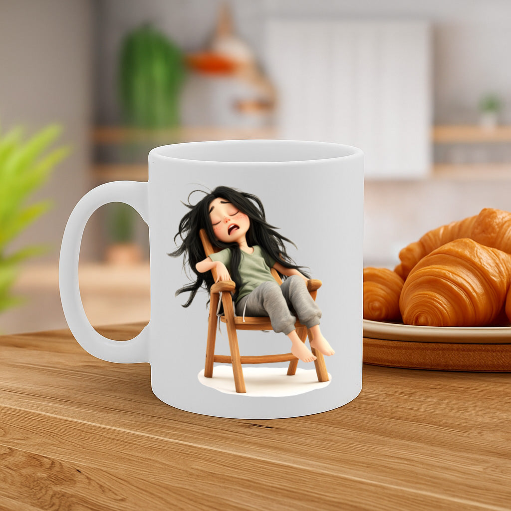Cute Sleepy Girl Cartoon Mug – Adorable Lazy Day Illustration, Relaxation Vibes, Gift for Coffee Lovers & Nappers, 11 oz Ceramic Mug – MG6609