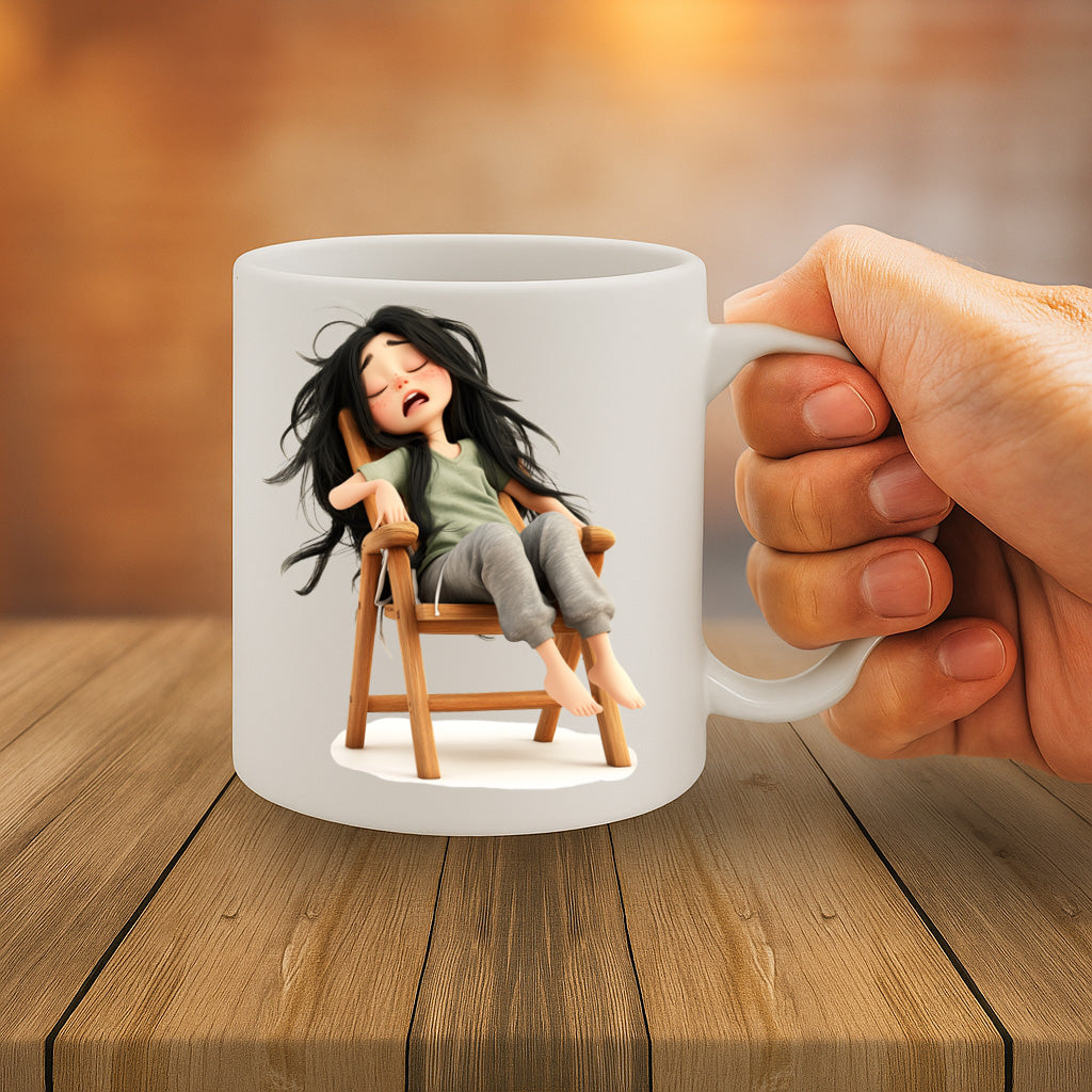 Cute Sleepy Girl Cartoon Mug – Adorable Lazy Day Illustration, Relaxation Vibes, Gift for Coffee Lovers & Nappers, 11 oz Ceramic Mug – MG6609