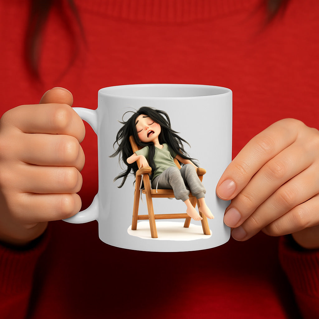 Cute Sleepy Girl Cartoon Mug – Adorable Lazy Day Illustration, Relaxation Vibes, Gift for Coffee Lovers & Nappers, 11 oz Ceramic Mug – MG6609