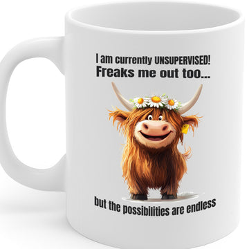 Funny Highland Cow “Unsupervised” Quote Mug – Whimsical Animal Design, Motivational Humor Gift, Ceramic Coffee Cup, Dishwasher & Microwave Safe, 11 oz – MG6607