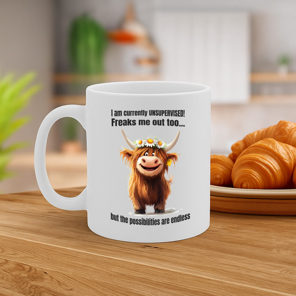 Funny Highland Cow “Unsupervised” Quote Mug – Whimsical Animal Design, Motivational Humor Gift, Ceramic Coffee Cup, Dishwasher & Microwave Safe, 11 oz – MG6607