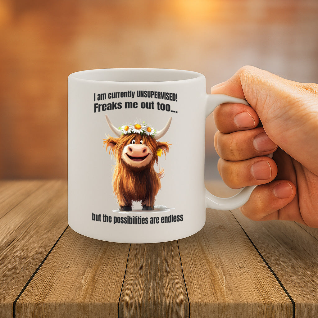 Funny Highland Cow “Unsupervised” Quote Mug – Whimsical Animal Design, Motivational Humor Gift, Ceramic Coffee Cup, Dishwasher & Microwave Safe, 11 oz – MG6607