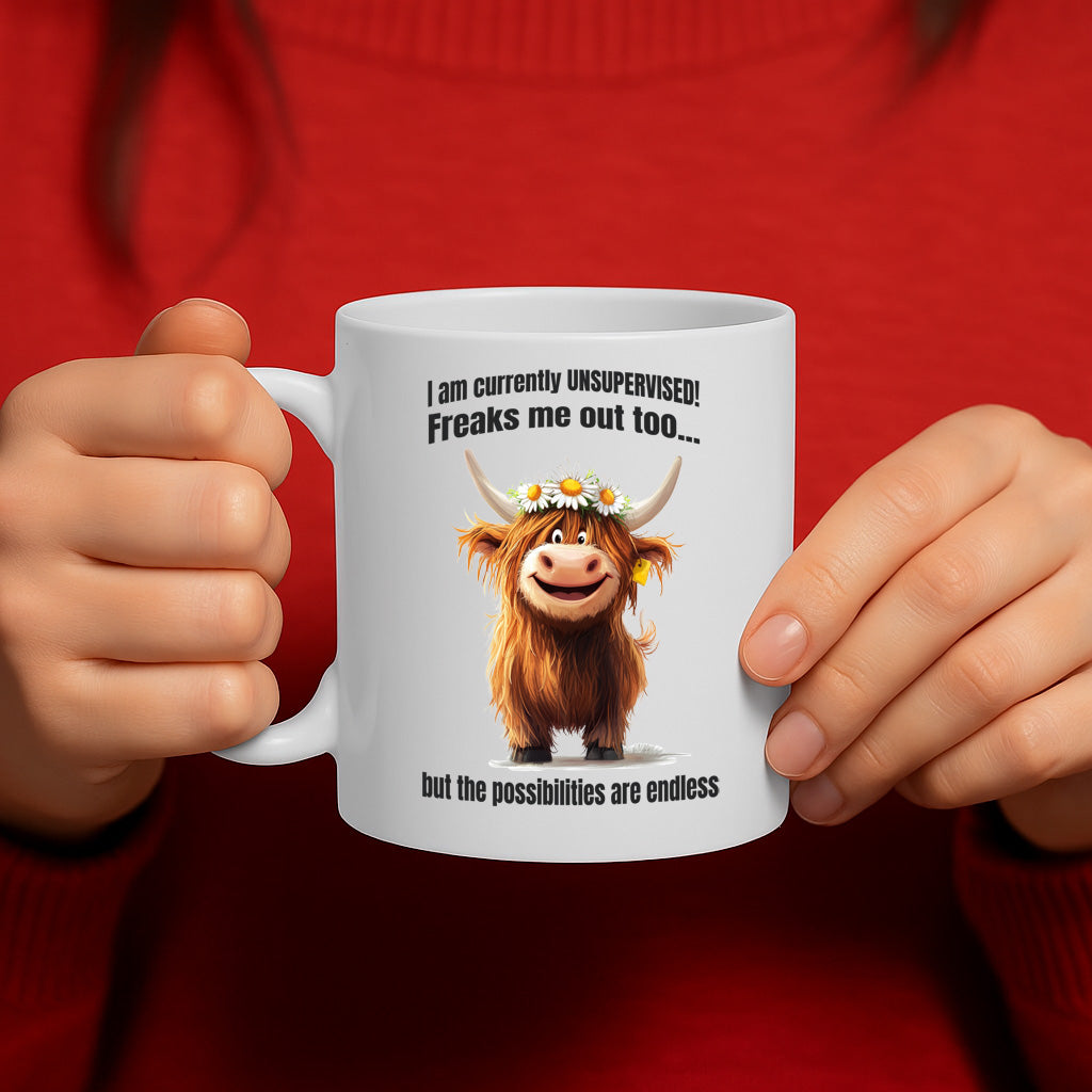 Funny Highland Cow “Unsupervised” Quote Mug – Whimsical Animal Design, Motivational Humor Gift, Ceramic Coffee Cup, Dishwasher & Microwave Safe, 11 oz – MG6607