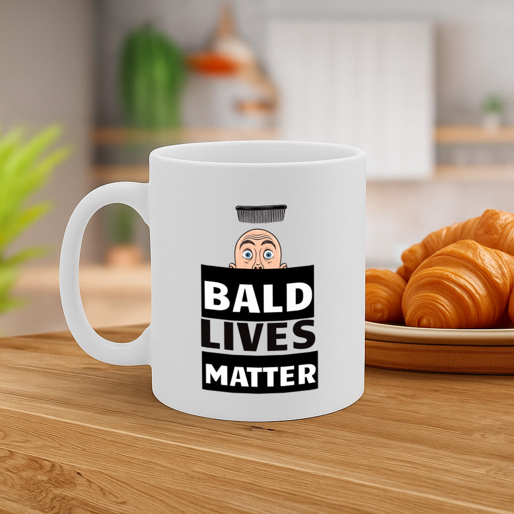 Bold & Hilarious "Bald Lives Matter" Mug with Cartoon Design – 325ml Ceramic Coffee Cup, Dishwasher & Microwave Safe, Great Gift for Bald Friends – MG6670