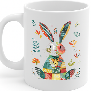 Adorable Bunny Patchwork Design Mug – Colorful Rabbit Illustration Coffee Cup for Animal Lovers, Perfect Gift for Spring, Easter & More – MG6669