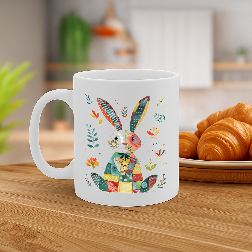 Adorable Bunny Patchwork Design Mug – Colorful Rabbit Illustration Coffee Cup for Animal Lovers, Perfect Gift for Spring, Easter & More – MG6669