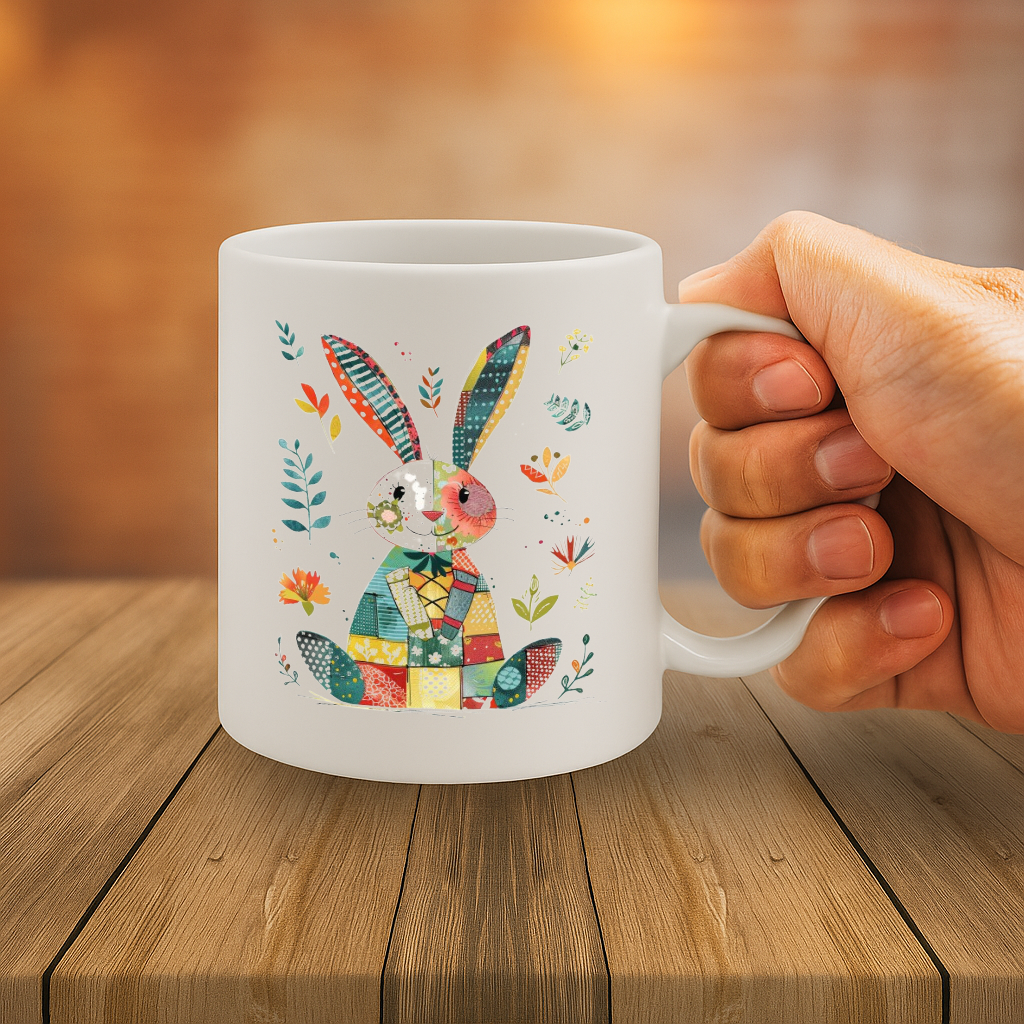Adorable Bunny Patchwork Design Mug – Colorful Rabbit Illustration Coffee Cup for Animal Lovers, Perfect Gift for Spring, Easter & More – MG6669