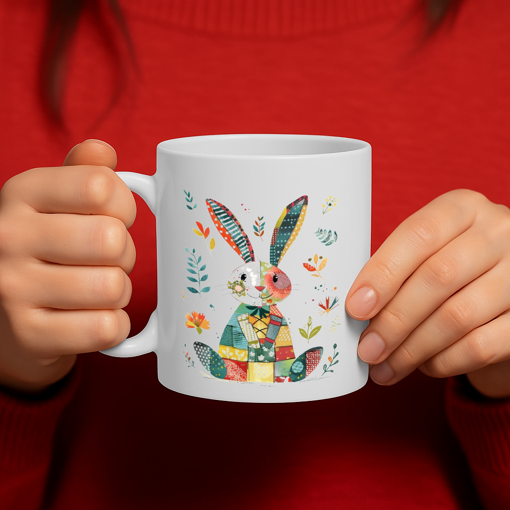 Adorable Bunny Patchwork Design Mug – Colorful Rabbit Illustration Coffee Cup for Animal Lovers, Perfect Gift for Spring, Easter & More – MG6669