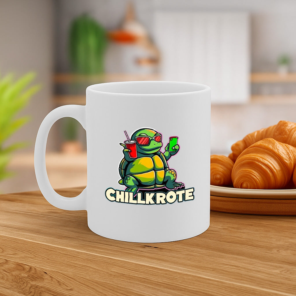 Funny Turtle Coffee Mug with Chillkrote Cartoon Design – 11oz Ceramic Cup with Comfortable C-Handle – Dishwasher and Microwave Safe – Cool Gift Idea for Animal and Coffee Lovers – MG6665