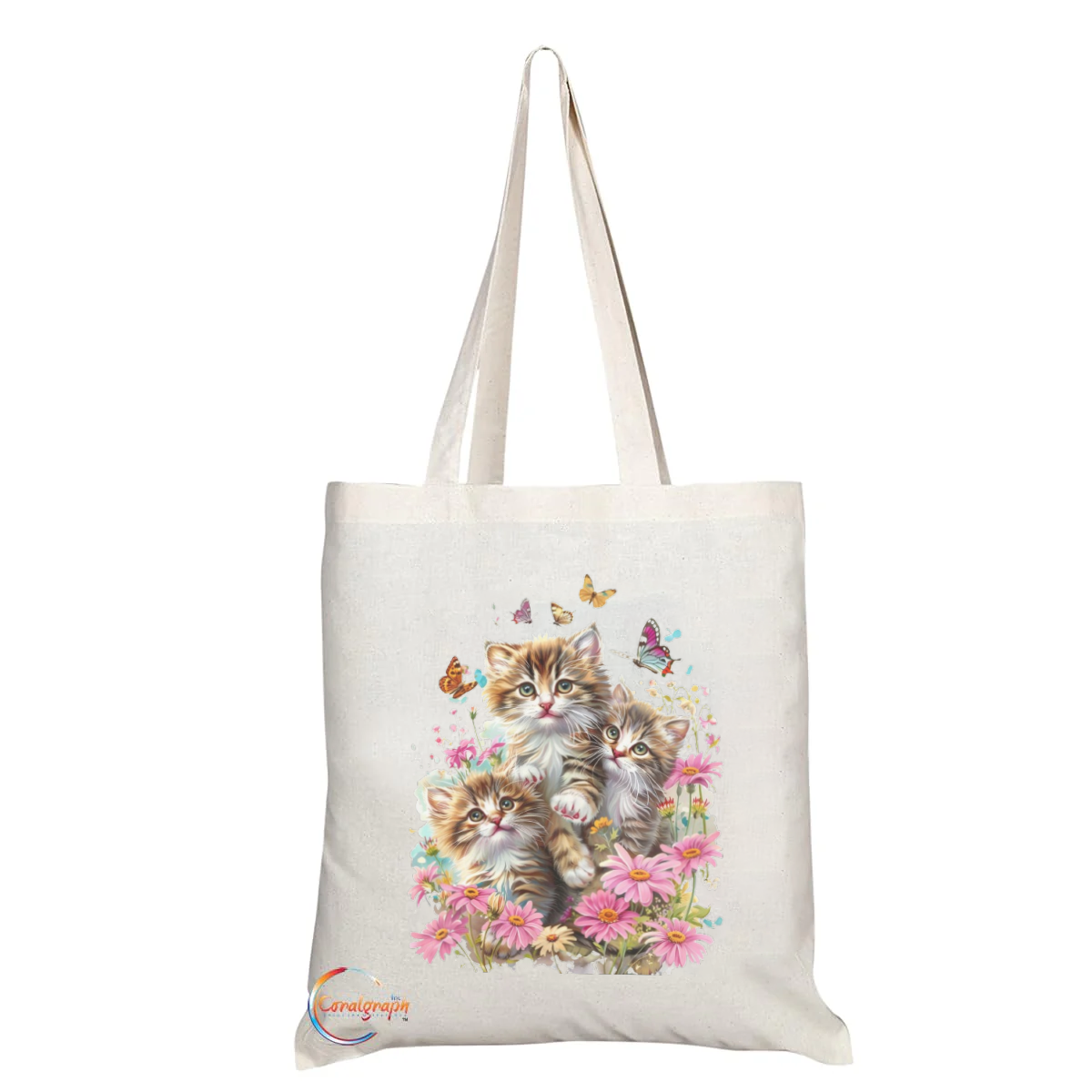 Adorable Three Kittens with Flowers and Butterflies Tote Bag – Handmade in the UK – Durable Reusable Polyester Blend Shopping Bag – TB2201