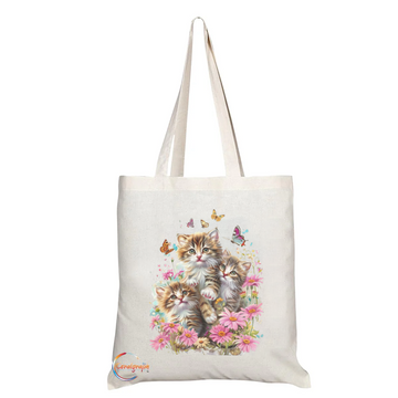 Adorable Three Kittens with Flowers and Butterflies Tote Bag – Handmade in the UK – Durable Reusable Polyester Blend Shopping Bag – TB2201