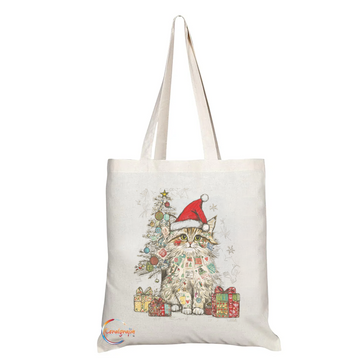 Cute Christmas Cat Tote Bag with Santa Hat – Reusable Eco Shoulder Bag for Holiday Shopping & Gifting – Handmade in the UK – TB2205