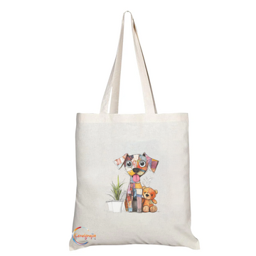 Adorable Patchwork Puppy Tote Bag with Teddy Bear and Plant – Eco-Friendly, Handmade in the UK, Reusable & Durable Gift Bag – TB2209