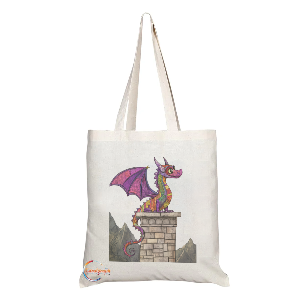 Whimsical Fantasy Dragon Tote Bag – Colorful Dragon Illustration Perched on Tower – Handmade in UK, Durable & Reusable for Everyday Use – TB2212
