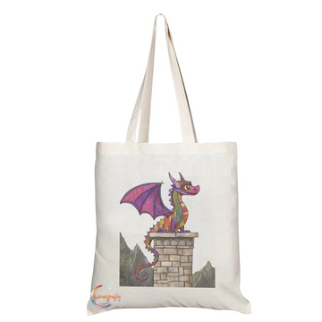 Whimsical Fantasy Dragon Tote Bag – Colorful Dragon Illustration Perched on Tower – Handmade in UK, Durable & Reusable for Everyday Use – TB2212