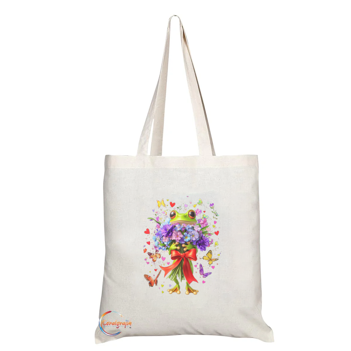 Floral Frog with Heart and Butterfly Accents Tote Bag – Handmade in the UK, Eco-Friendly Gift Bag with Colorful Bouquet Illustration – TB2215