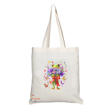 Floral Frog with Heart and Butterfly Accents Tote Bag – Handmade in the UK, Eco-Friendly Gift Bag with Colorful Bouquet Illustration – TB2215