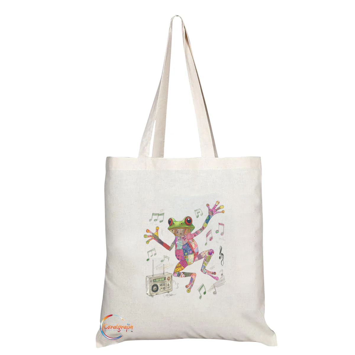 Dancing Frog Tote Bag with Musical Notes & Boombox – Handmade in the UK, Eco-Friendly, Reusable Shoulder Bag for Music and Frog Lovers – TB2221