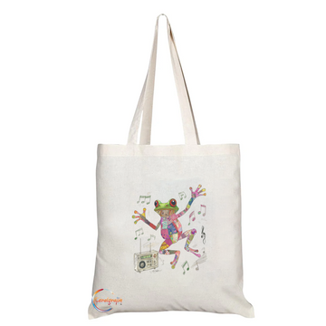Dancing Frog Tote Bag with Musical Notes & Boombox – Handmade in the UK, Eco-Friendly, Reusable Shoulder Bag for Music and Frog Lovers – TB2221