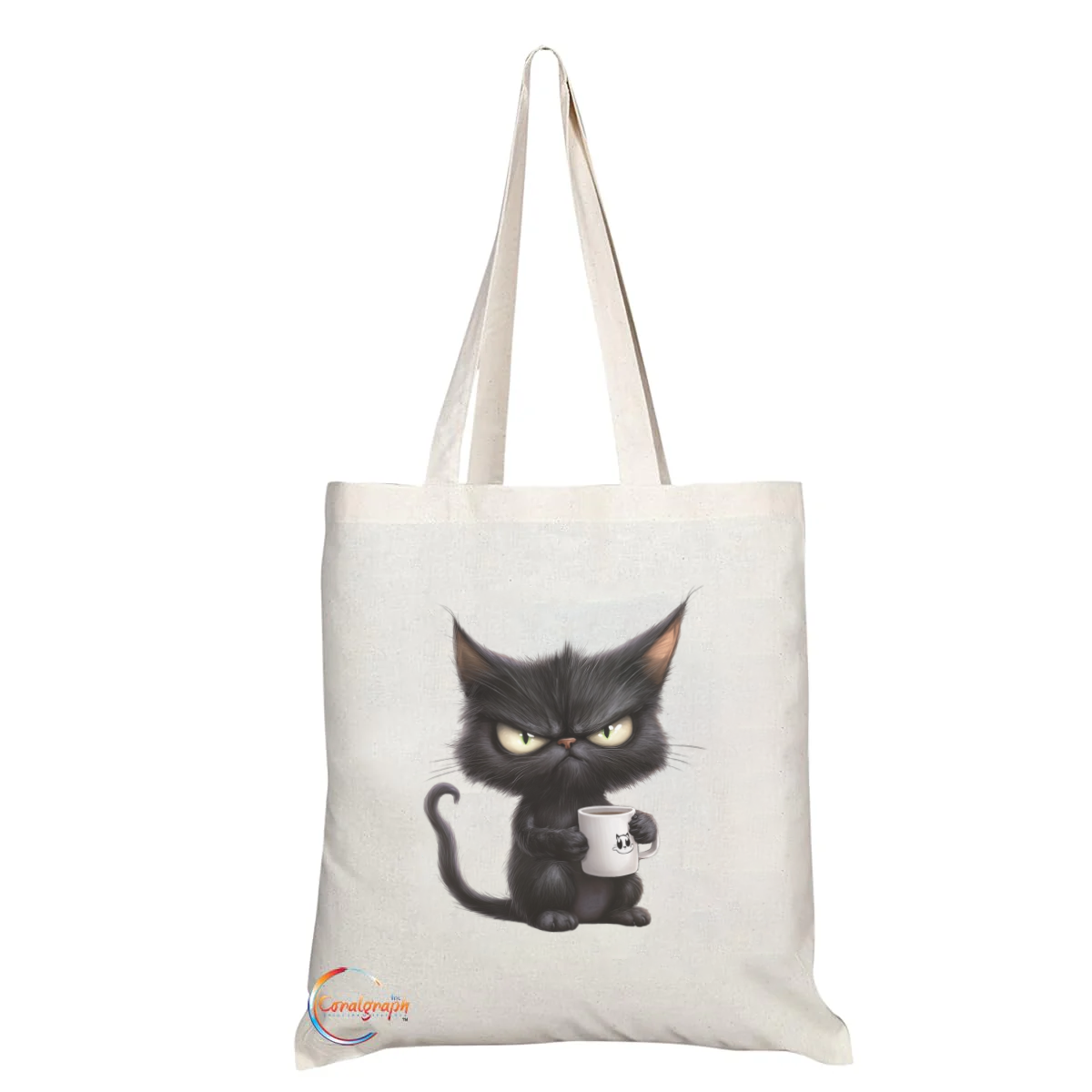 Grumpy Black Cat with Coffee Mug Tote Bag – Handmade in the UK, Reusable Durable Shopping Bag for Cat Lovers with Attitude – TB2217