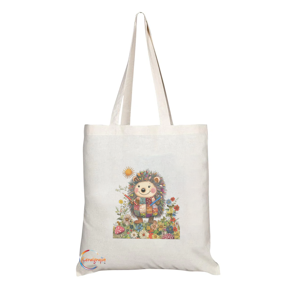 Cute Hedgehog in Flower Meadow Tote Bag – Handmade in the UK, Reusable Eco-Friendly Bag for Nature and Animal Lovers – TB2219