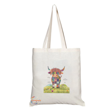 Colorful Highland Cow Tote Bag – Handmade in the UK, Ethically Printed, Durable & Reusable Fabric Shopper with Whimsical Patchwork Design – TB2220