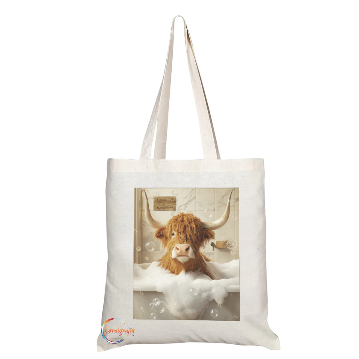 Funny Highland Cow Bubble Bath Tote Bag – Handmade in the UK, Ethically Printed, Durable & Reusable Fabric Shopper with Quirky Cow Design – TB2232
