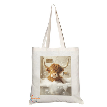 Funny Highland Cow Bubble Bath Tote Bag – Handmade in the UK, Ethically Printed, Durable & Reusable Fabric Shopper with Quirky Cow Design – TB2232