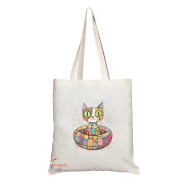 Patchwork Kitty in Bed Tote Bag – Handmade in the UK, Ethically Printed Durable Cat Design Shopper – Vibrant Gift for Cat Lovers – TB2223