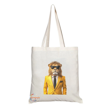 Cool Lion in Yellow Suit Tote Bag – Handmade UK Custom Printed Reusable Shoulder Bag for Animal Fashion Fans, Eco-Friendly Gift – TB2224