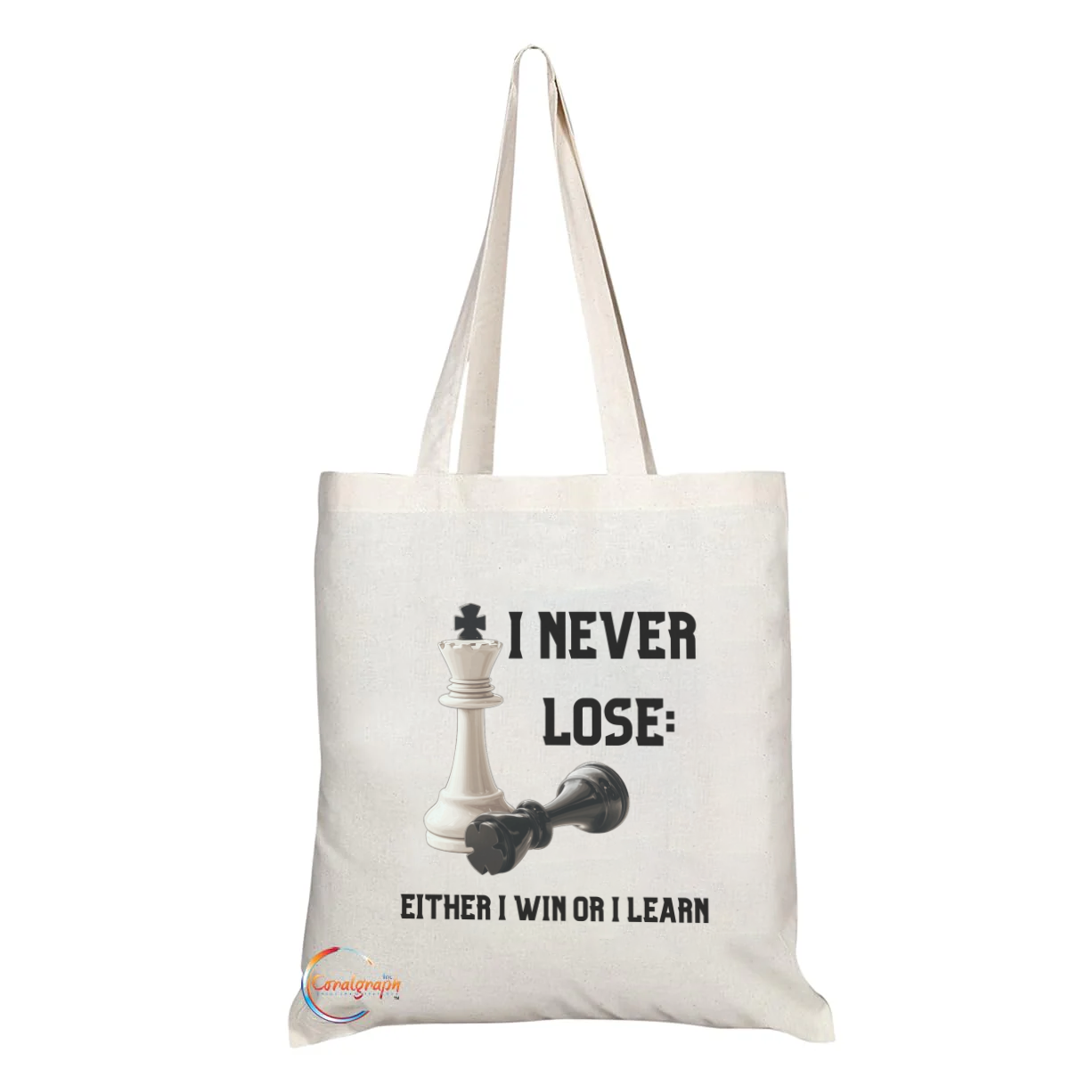 I Never Lose" Chess Tote Bag – Motivational Quote Canvas Shoulder Bag for Players & Strategists – TB2227