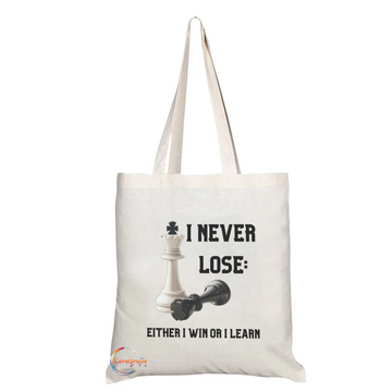 I Never Lose" Chess Tote Bag – Motivational Quote Canvas Shoulder Bag for Players & Strategists – TB2227