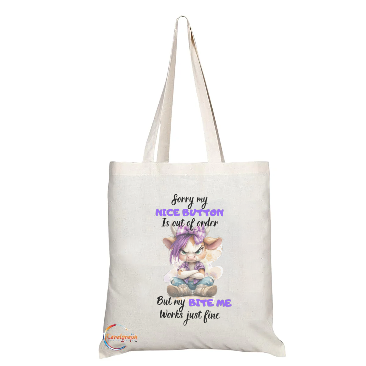 "Nice Button Out of Order" Attitude Tote Bag – Sassy Quote Canvas Bag with Grumpy Girl Design – TB2228