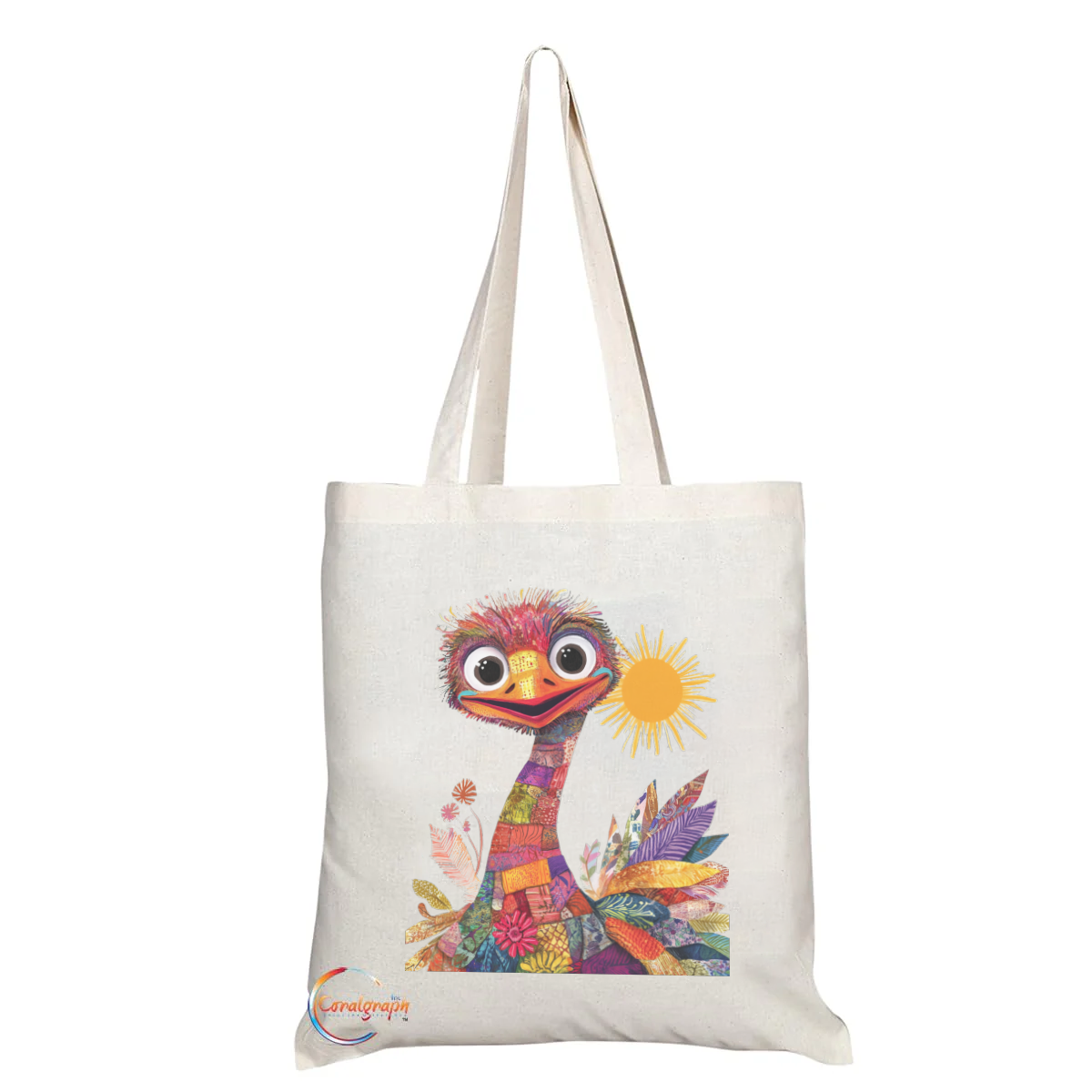 Sunny Ostrich Tote Bag – Vibrant Patchwork Bird with Sun Design – TB2244
