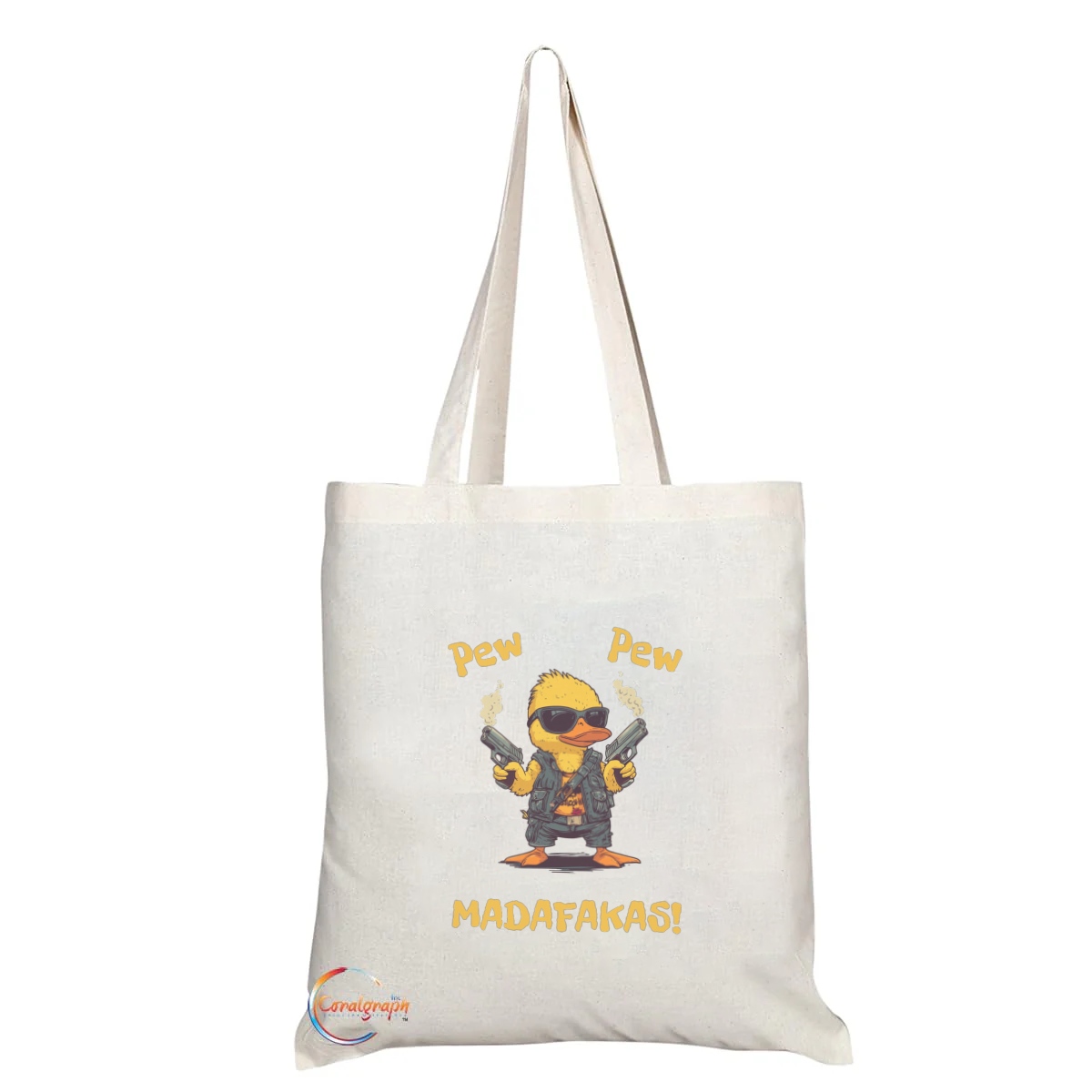 Funny Duck Tote Bag – “Pew Pew Madafakas!” Bold Quote Design, Handmade in the UK, Reusable Eco-Friendly Durable Bag – Product Code: TB2240