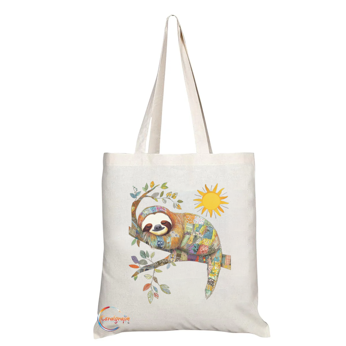 Sloth Lover’s Eco Tote Bag – Vibrant Sun & Tree Design with Relaxing Sloth – Handmade in the UK, Ethical & Durable Alternative to Plastic TB2234