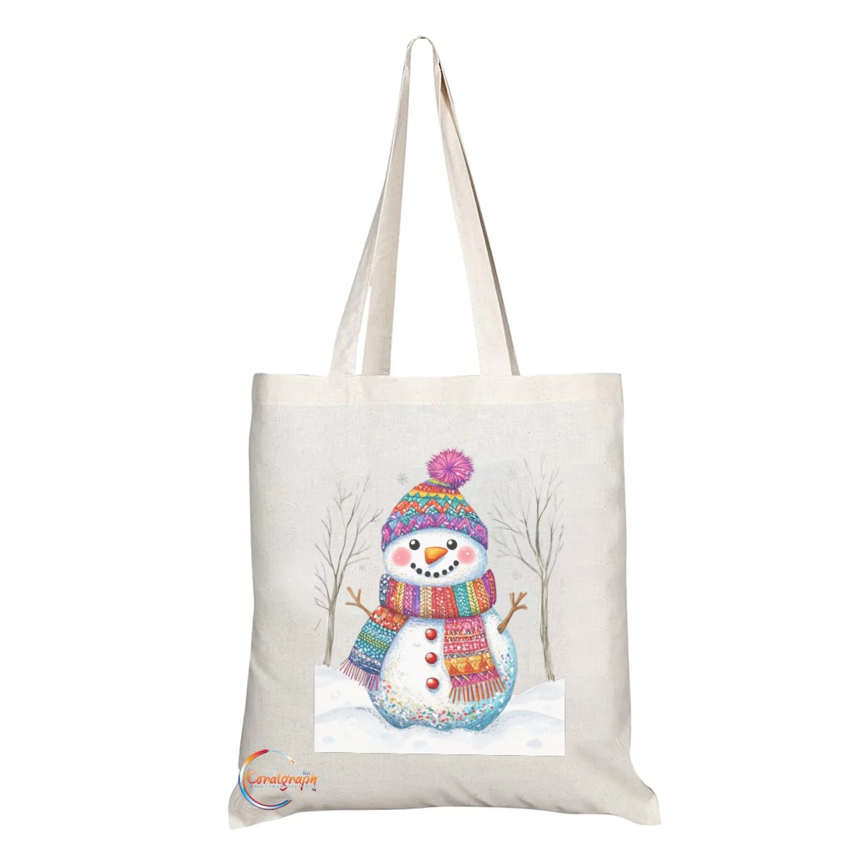 Cheerful Snowman Winter Tote Bag – Colourful Knitted Hat & Scarf Design – Handmade in the UK, Eco-Friendly and Durable Winter Shopper TB2235