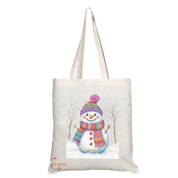 Cheerful Snowman Winter Tote Bag – Colourful Knitted Hat & Scarf Design – Handmade in the UK, Eco-Friendly and Durable Winter Shopper TB2235