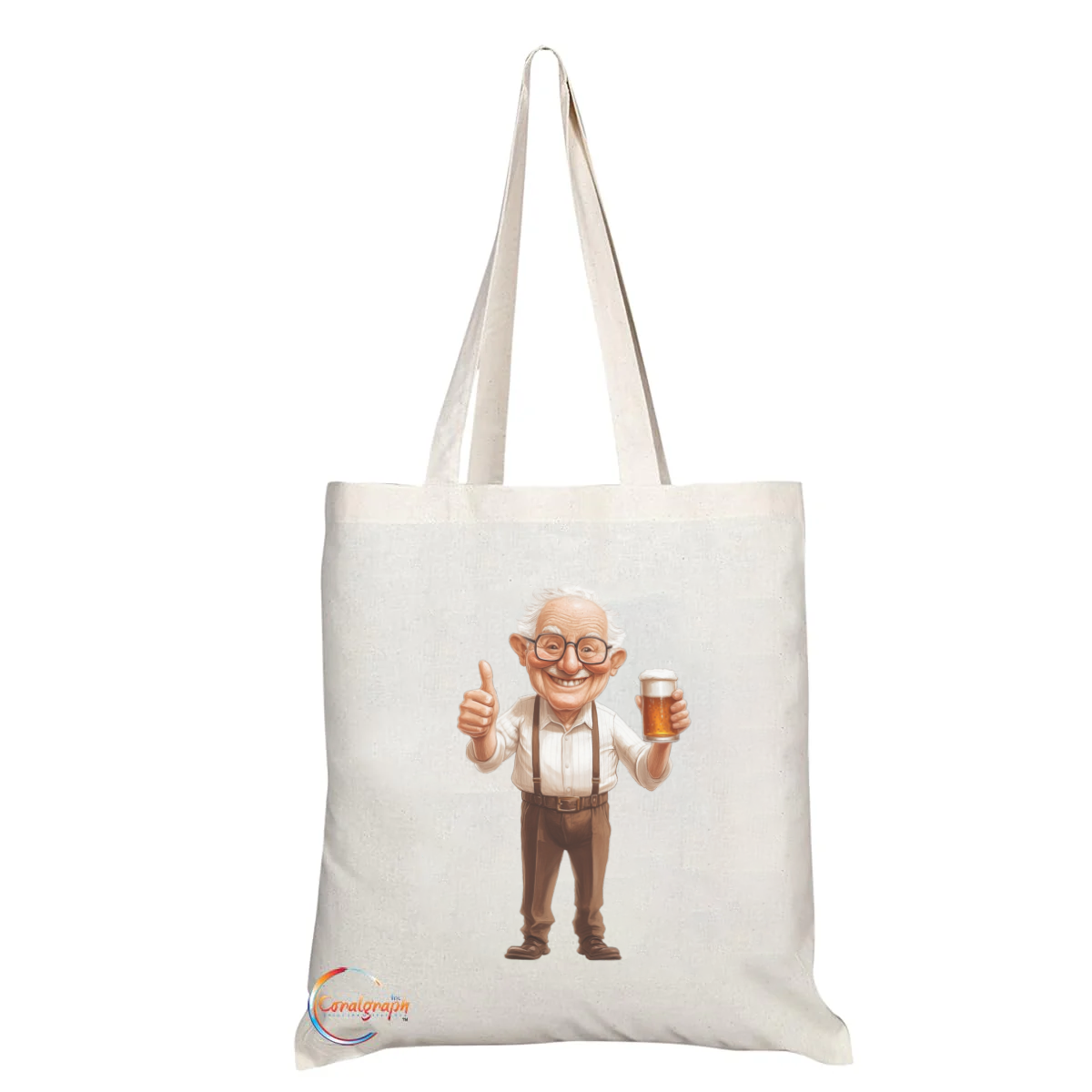 Cheerful Grandpa with Beer Tote Bag – Fun Cartoon Print, Handmade in the UK, Reusable Ethically Made Shopper for Everyday Use TB2230
