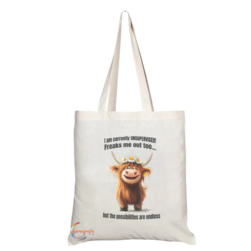 Funny Highland Cow "Unsupervised Possibilities" Eco Tote Bag – Handmade in the UK, Ethically Printed, Durable & Reusable Shopping Bag – TB2229