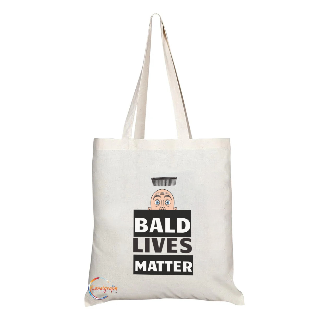 Funny Tote Bag with "Bald Lives Matter" Design – Reusable Handmade Shoulder Bag with Comical Cartoon Artwork for Bald Men, Gag Gift Idea – TB2203