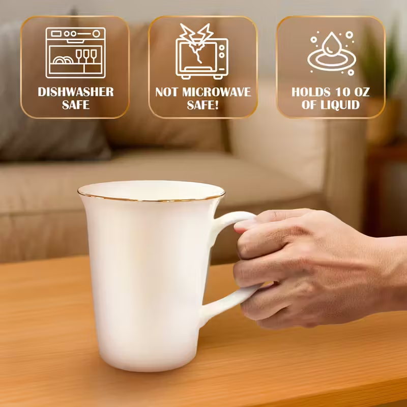 10Oz Glossy Bone China Mug with Gold Rim – Plain White