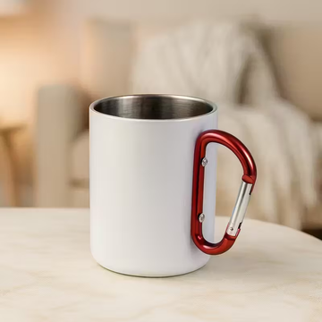 300ml White Stainless Steel Camping Mug with Red Carabiner Handle – Lightweight Double Wall Travel Cup for Hiking, Outdoor, and Daily Use