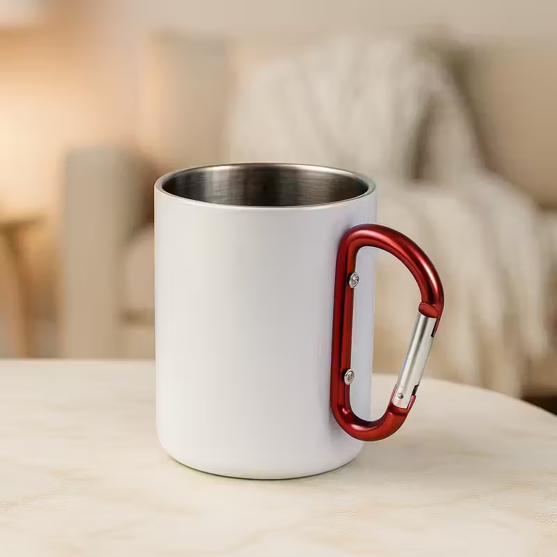 300ml White Stainless Steel Camping Mug with Red Carabiner Handle – Lightweight Double Wall Travel Cup for Hiking, Outdoor, and Daily Use