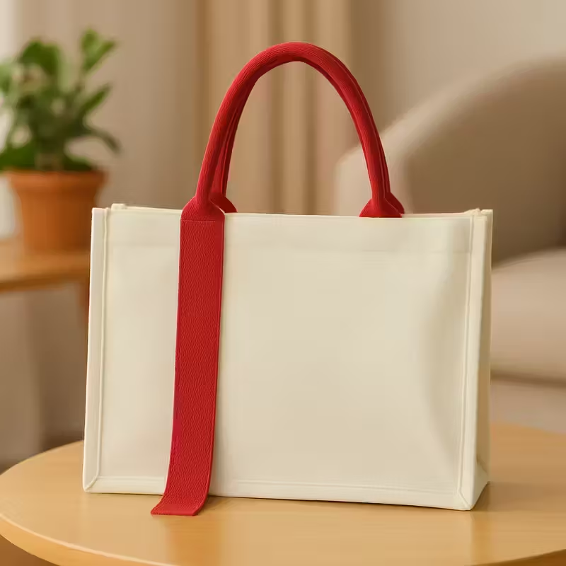 Durable Canvas Tote Bag with Plastic Inner Lining and Pocket – Strong Sturdy Shopping Bag with Red Handles, No Zip, 35x26x12cm