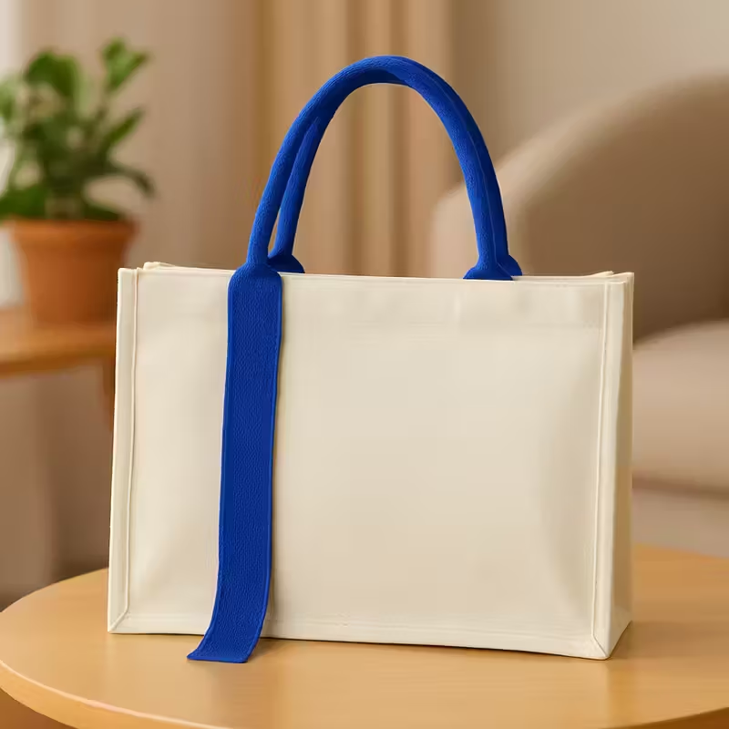 Durable Canvas Tote Bag with Plastic Inner Lining and Pocket – Strong Sturdy Shopping Bag with Red Handles, No Zip, 35x26x12cm