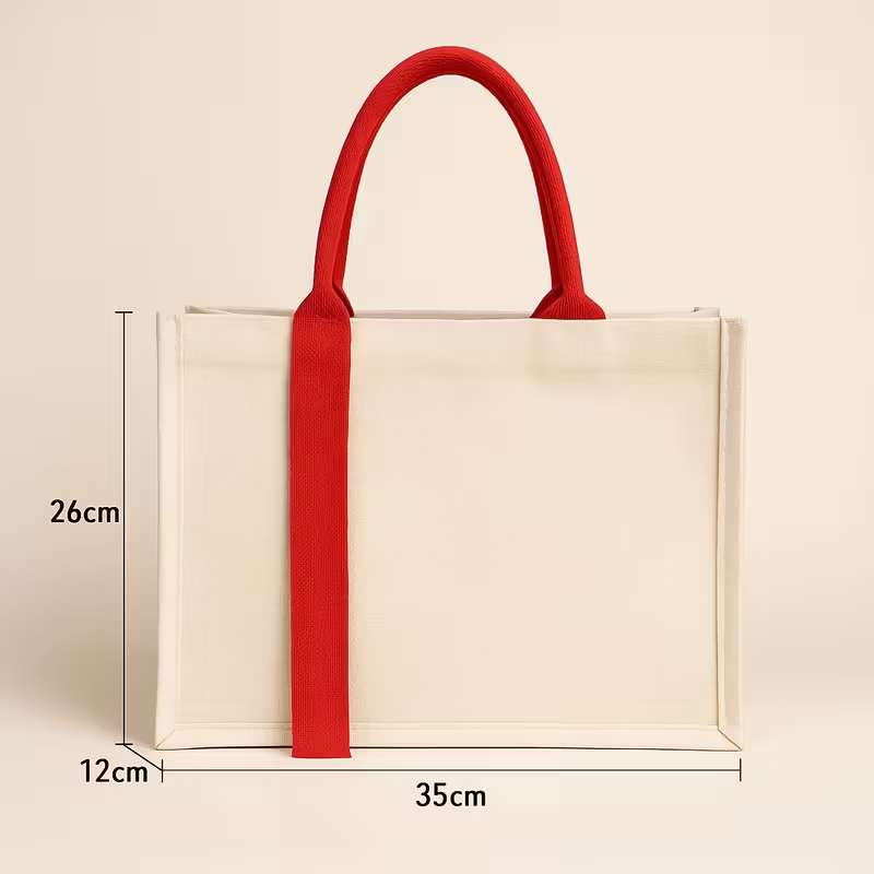 Durable Canvas Tote Bag with Plastic Inner Lining and Pocket – Strong Sturdy Shopping Bag with Red Handles, No Zip, 35x26x12cm