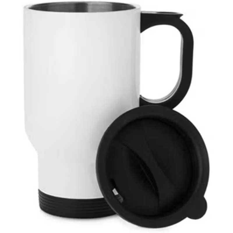 White Stainless Steel Travel Mug with Insulated Handle and Non-Spill Lid – Fits Car Cup Holders – Hot & Cold Drink Thermal Cup – Dishwasher Safe – 450ml