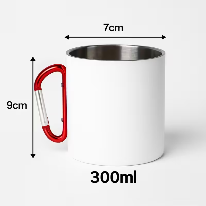 300ml White Stainless Steel Camping Mug with Red Carabiner Handle – Lightweight Double Wall Travel Cup for Hiking, Outdoor, and Daily Use