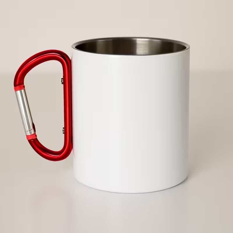 300ml White Stainless Steel Camping Mug with Red Carabiner Handle – Lightweight Double Wall Travel Cup for Hiking, Outdoor, and Daily Use
